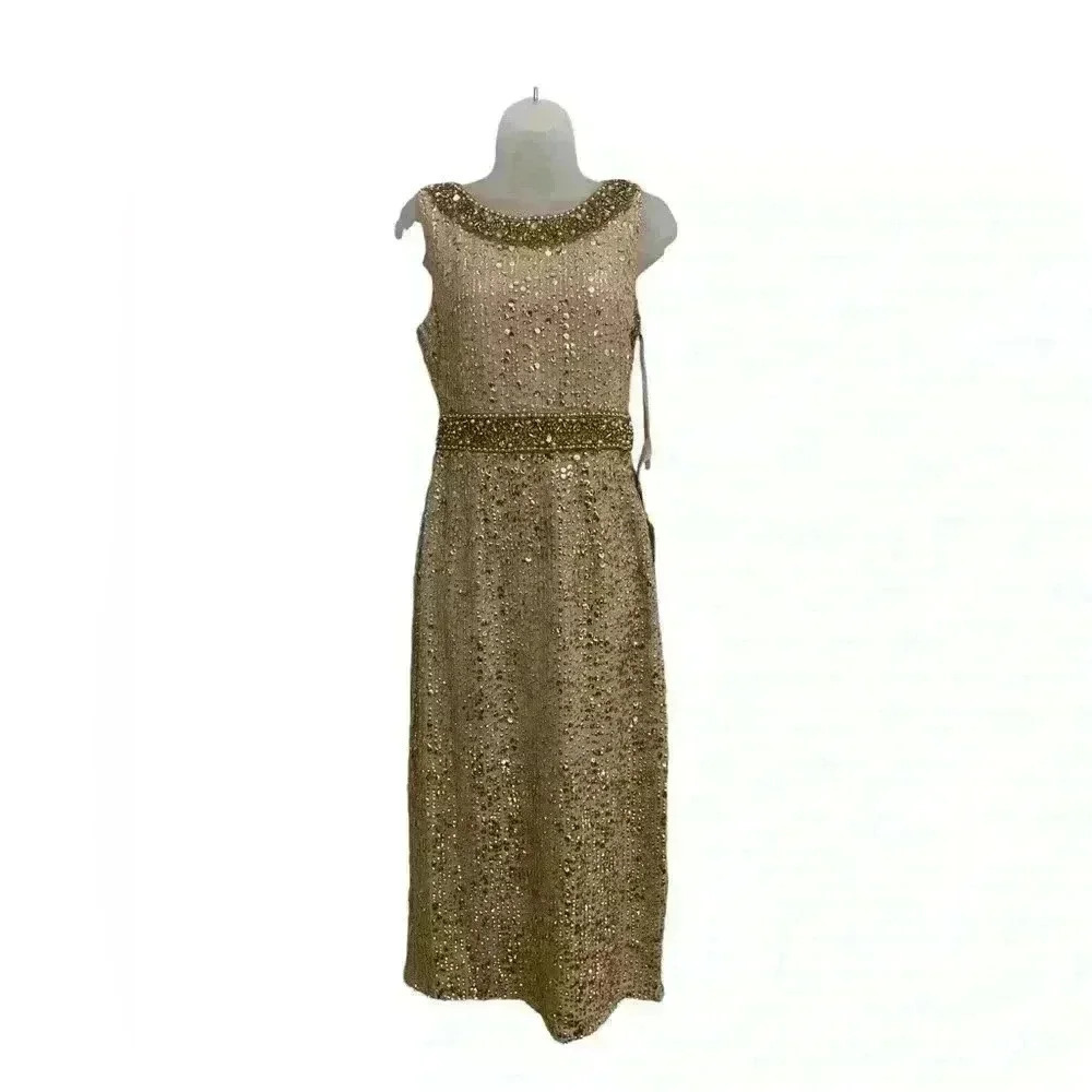Mac Duggal 10739 Gold Sequin Midi Dress Jewel Neck NWT - Picture 3 of 8